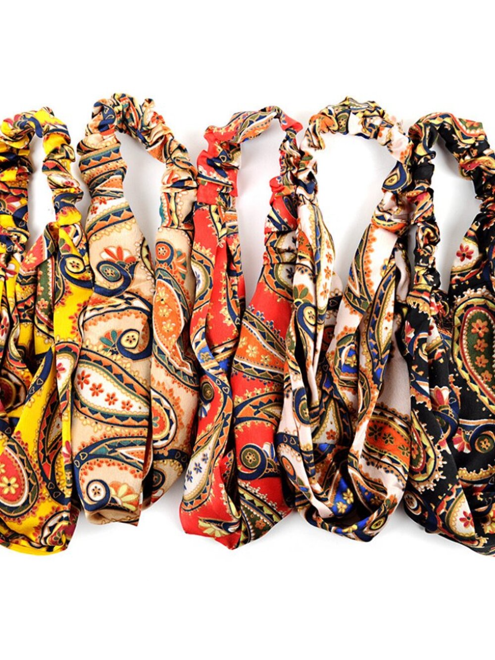 Nollia 5 Paisley Print Criss Cross Knot Front Satiny Fabric Headbands